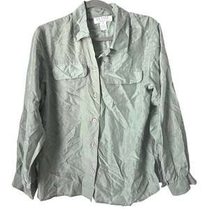 Vintage SILK Petite Sophisticates Sage Green Button Up womens Small Collared